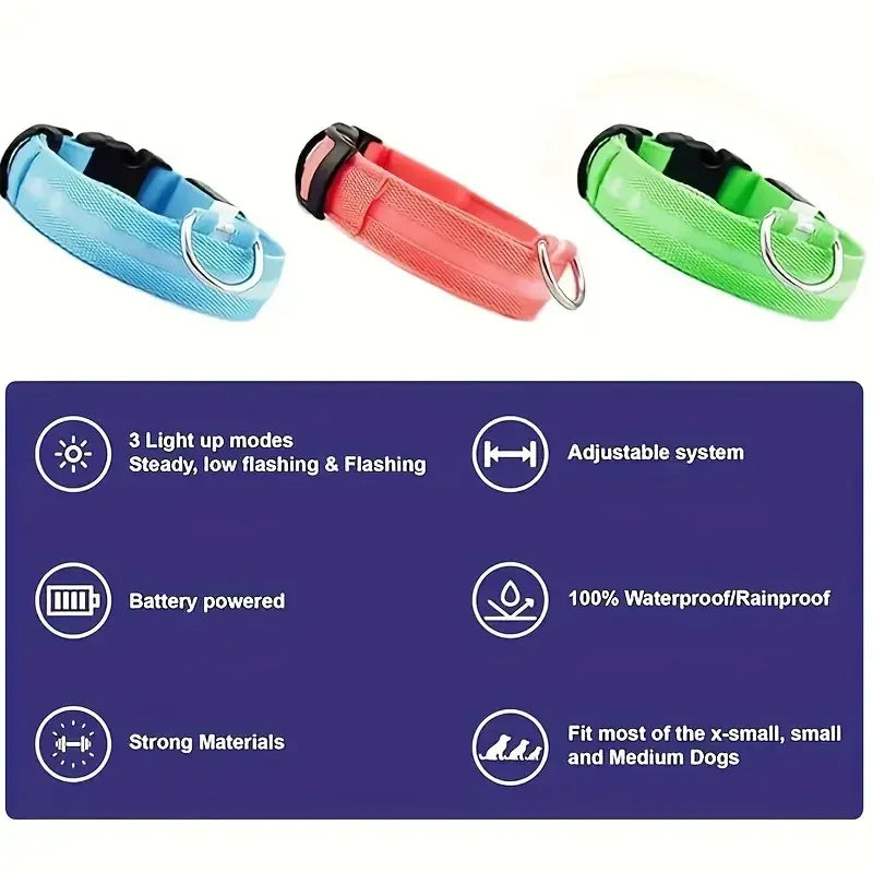 Light Up LED Dog Collar Safety Night Walking Flashing Glow In The Dark LED Pet Dog Battery Collar Small Medium Large Dog